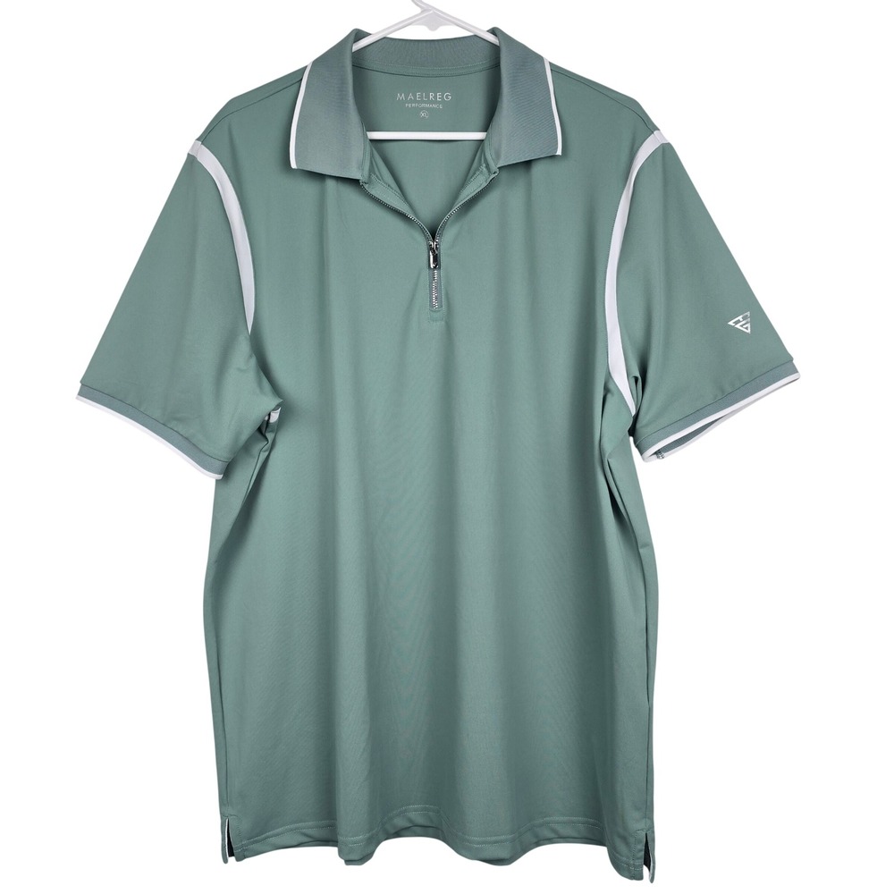 Maelreg Performance Mens XL Sage Green‎ Quarter Zip Golf Polo Shirt White Piping